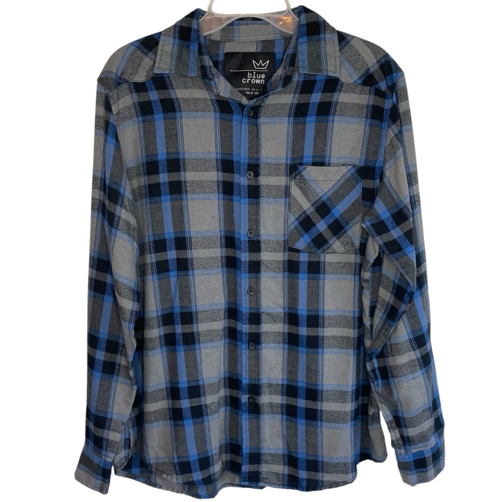 Blue Crown Soft Plaid Collared Long Sleeve Casual Flannel Button Down Shirt